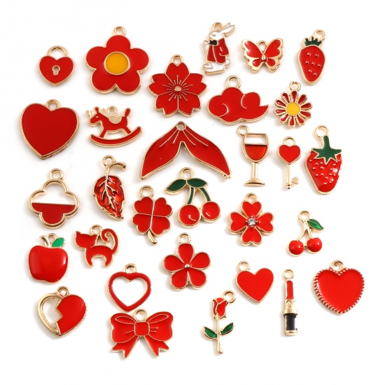 Picture of Zinc Based Alloy Charms Fishtail Gold Plated Red Cherry Enamel 26mm x 18mm - 13mm x 11mm, 1 Packet ( 30 PCs/Packet)