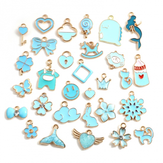 Picture of Zinc Based Alloy Charms Bowknot Gold Plated Blue Flower Enamel 29mm x 13mm - 8mm x 8mm, 1 Packet ( 30 PCs/Packet)