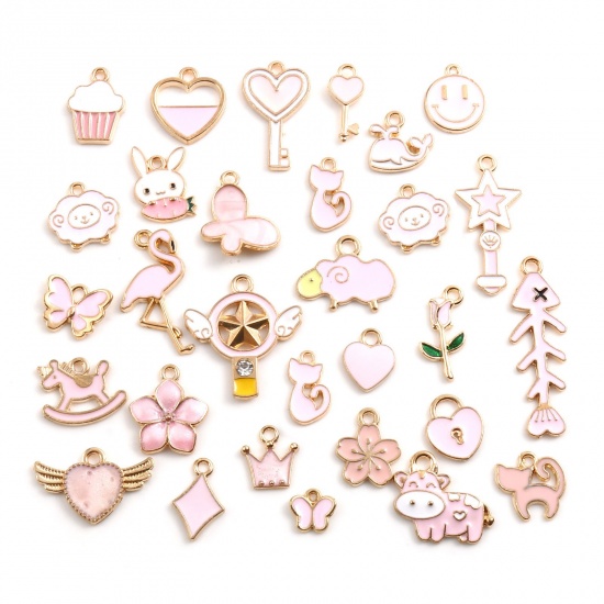 Picture of Zinc Based Alloy Pendants Butterfly Animal Gold Plated Pink Rabbit Enamel 35mm x 11mm - 8mm x 8mm, 1 Packet ( 30 PCs/Packet)