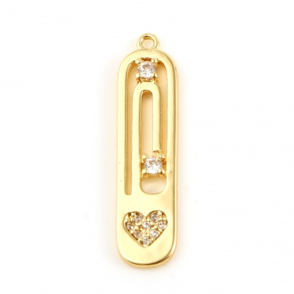 Picture of Copper Valentine's Day Charms Paper Clip 18K Real Gold Plated Heart Clear Rhinestone 27mm x 7mm, 1 Piece