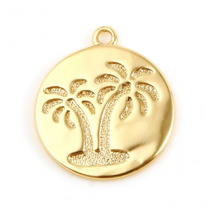 Picture of Copper Charms Round 18K Real Gold Plated Coconut Palm Tree 16mm x 14mm, 1 Piece