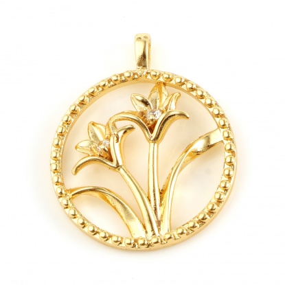 Picture of Copper Charms Round 18K Real Gold Plated Flower Clear Rhinestone 23mm x 19mm, 1 Piece