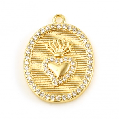 Bild von Kupfer Valentinstag Charms Oval 18K Vergoldet Herz Micro Pave Transparent Strass 23mm x 18mm, 1 Stück