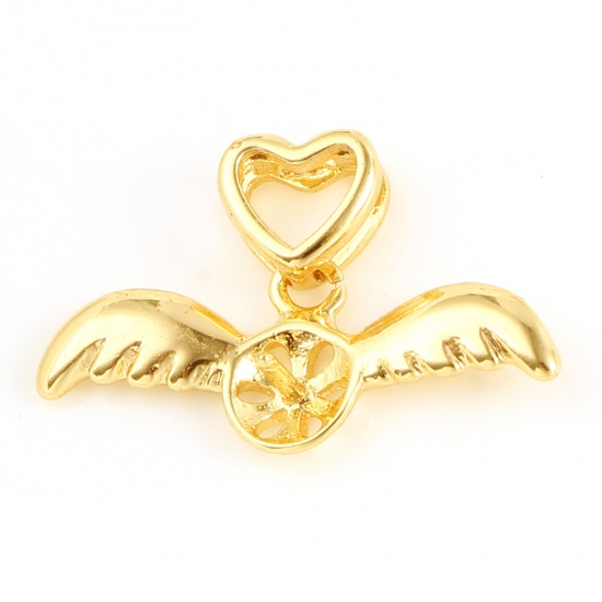 Picture of Copper Valentine's Day Pearl Pendant Connector Bail Pin Cap 18K Real Gold Plated Wing Heart Needle Thickness: 7mm, 19mm x 11mm, 1 Piece