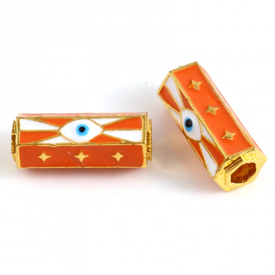 Picture of Zinc Based Alloy Religious Large Hole Charm Beads Gold Plated Orange Hexagonal Prism Evil Eye Enamel 22mm x 10mm, Hole: Approx 4.2mm, 1 Piece