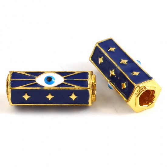 Picture of Zinc Based Alloy Religious Large Hole Charm Beads Gold Plated Dark Blue Hexagonal Prism Evil Eye Enamel 22mm x 10mm, Hole: Approx 4.2mm, 1 Piece