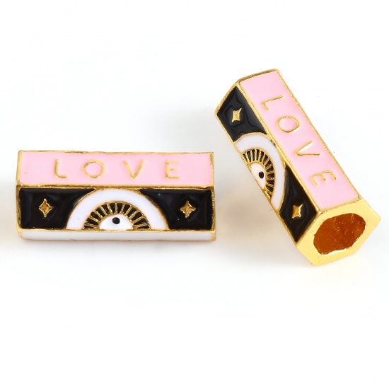 Picture of Zinc Based Alloy Religious Large Hole Charm Beads Gold Plated Black & Pink Hexagonal Prism Evil Eye Message " LOVE " Enamel 20mm x 10mm, Hole: Approx 5.5mm, 1 Piece