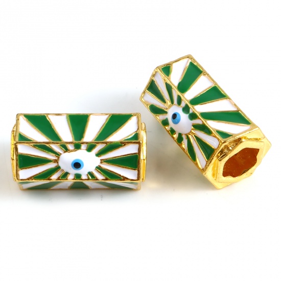 Picture of Zinc Based Alloy Religious Large Hole Charm Beads Gold Plated White & Green Hexagonal Prism Evil Eye Enamel 21mm x 13mm, Hole: Approx 6.7mm, 1 Piece