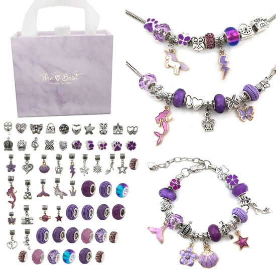 Picture of DIY Charm Bracelet Jewelry Making Kit For Teen Girls Handmade Craft Materials Accessories Purple 14cm x 12cm, 1 Set