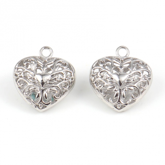 Picture of Copper Valentine's Day Charms Heart 18K Real Platinum Plated Filigree Clear Rhinestone 21mm x 19mm, 2 PCs