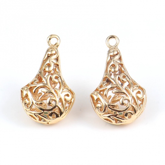Picture of Copper Charms Fan-shaped 18K Real Gold Plated Filigree 23mm x 14mm, 2 PCs
