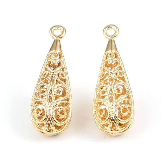 Picture of Copper Charms Drop 18K Real Gold Plated Filigree 24mm x 9mm, 2 PCs