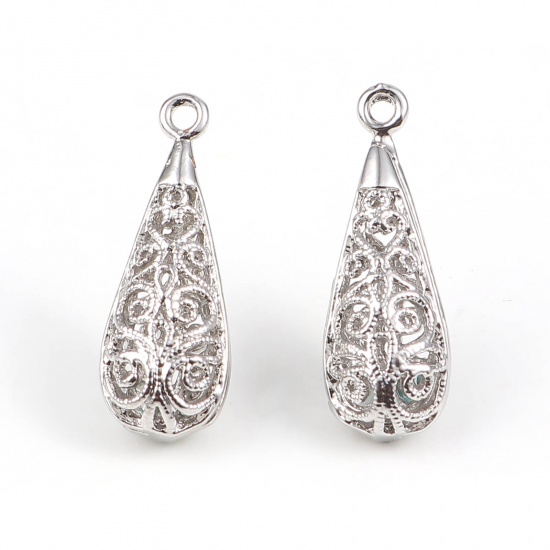 Picture of Copper Charms Drop 18K Real Platinum Plated Filigree 24mm x 9mm, 2 PCs