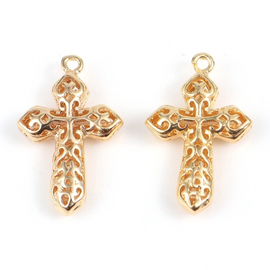 Picture of Copper Religious Charms Cross 18K Real Gold Plated Filigree 23mm x 14mm, 2 PCs
