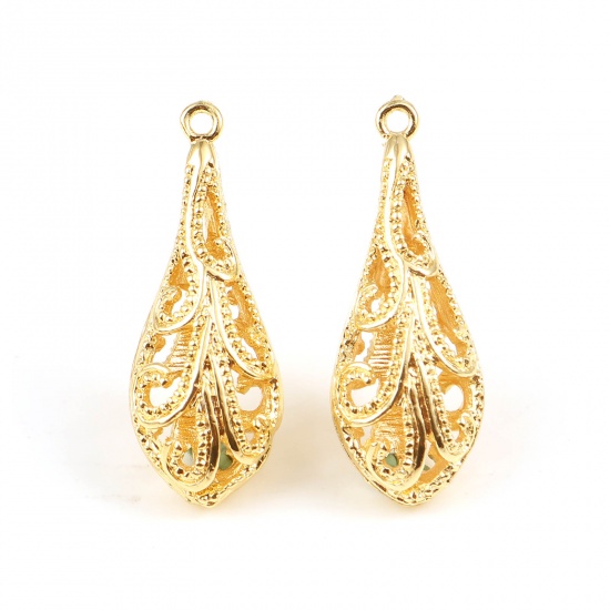 Immagine di Rame Ciondoli Goccia 18K Oro riempito Filigrana 34mm x 13mm, 2 Pz