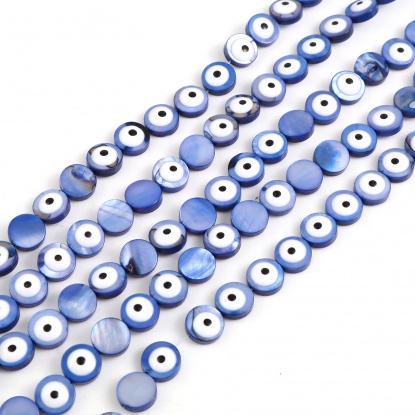 Image de Perles en Coquille Rond Bleu Foncé Œil Mauvais à Strass Émail 8mm Dia, Taille de Trou: 0.9mm, 38.3cm - 37.8cm long, 1 Enfilade （Env. 48 Pcs/Enfilade)