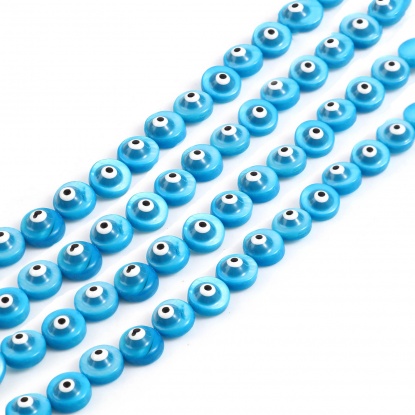 Image de Perles en Coquille Rond Bleu Œil Mauvais à Strass Émail 8mm Dia, Taille de Trou: 0.9mm, 38.3cm - 37.8cm long, 1 Enfilade （Env. 48 Pcs/Enfilade)