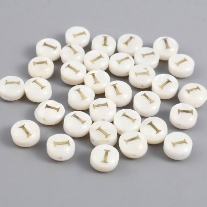 Image de Perles en Coquille Plat-Rond Crème Alphabet Initial/ Lettre Majuscule Mots" I " 8mm Dia, Taille de Trou: 1.1mm, 10 Pcs