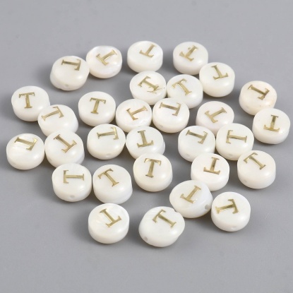 Image de Perles en Coquille Plat-Rond Crème Alphabet Initial/ Lettre Majuscule Mots" T " 8mm Dia, Taille de Trou: 1.1mm, 10 Pcs