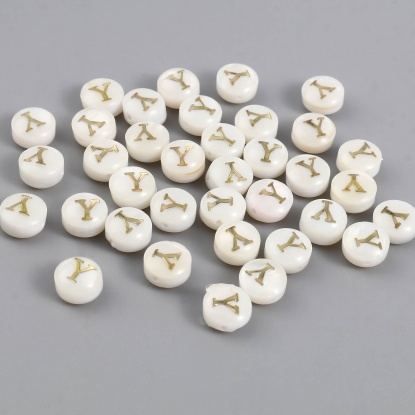 Image de Perles en Coquille Plat-Rond Crème Alphabet Initial/ Lettre Majuscule Mots" Y " 8mm Dia, Taille de Trou: 1.1mm, 10 Pcs