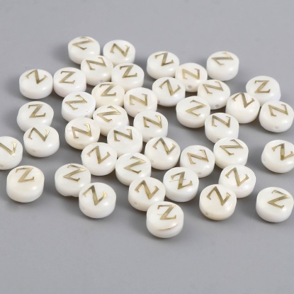 Image de Perles en Coquille Plat-Rond Crème Alphabet Initial/ Lettre Majuscule Mots" Z " 8mm Dia, Taille de Trou: 1.1mm, 10 Pcs
