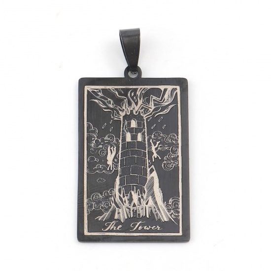 Picture of 201 Stainless Steel Tarot Pendants Rectangle Gunmetal Message " THE TOWER " 48mm x 24mm, 1 Piece