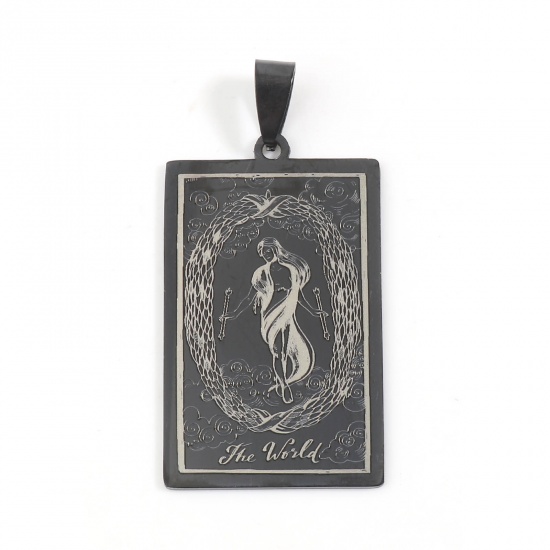 Picture of 201 Stainless Steel Tarot Pendants Rectangle Gunmetal Message " THE WORLD " 48mm x 24mm, 1 Piece