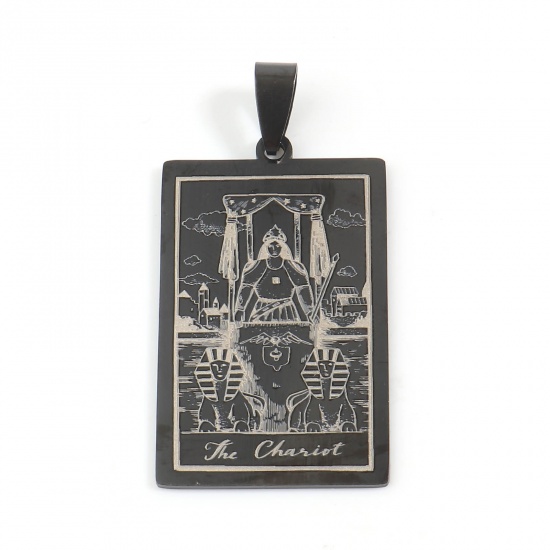 Picture of 201 Stainless Steel Tarot Pendants Rectangle Gunmetal Message " THE CHARIOT " 48mm x 24mm, 1 Piece