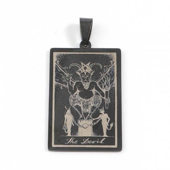 Picture of 201 Stainless Steel Tarot Pendants Rectangle Gunmetal Message " THE DEVIL " 48mm x 24mm, 1 Piece