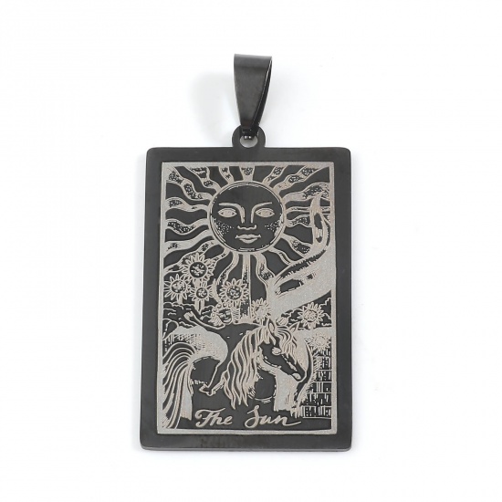 Picture of 201 Stainless Steel Tarot Pendants Rectangle Gunmetal Message " THE SUN " 48mm x 24mm, 1 Piece