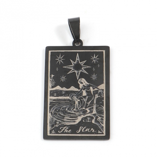 Picture of 201 Stainless Steel Tarot Pendants Rectangle Gunmetal Message " THE STAR " 48mm x 24mm, 1 Piece