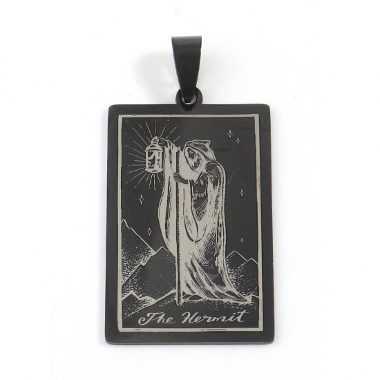 Picture of 201 Stainless Steel Tarot Pendants Rectangle Gunmetal Message " THE HERMIT " 48mm x 24mm, 1 Piece