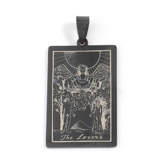 Picture of 201 Stainless Steel Tarot Pendants Rectangle Gunmetal Message " THE LOVERS " 48mm x 24mm, 1 Piece