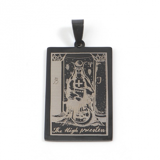 Picture of 201 Stainless Steel Tarot Pendants Rectangle Gunmetal Message " THE HIGH PRIESTESS " 48mm x 24mm, 1 Piece