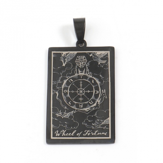 Picture of 201 Stainless Steel Tarot Pendants Rectangle Gunmetal Message " WHEEL FORTUNE " 48mm x 24mm, 1 Piece
