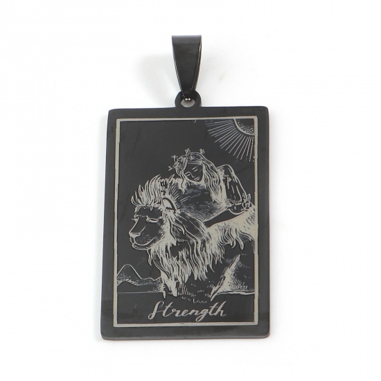 Picture of 201 Stainless Steel Tarot Pendants Rectangle Gunmetal Message " STRENGTH " 48mm x 24mm, 1 Piece