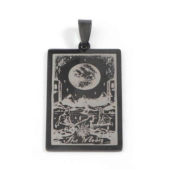 Picture of 201 Stainless Steel Tarot Pendants Rectangle Gunmetal Message " THE MOON " 48mm x 24mm, 1 Piece