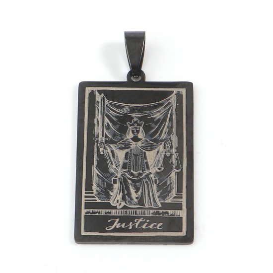 Picture of 201 Stainless Steel Tarot Pendants Rectangle Gunmetal Message " JUSTICE " 48mm x 24mm, 1 Piece