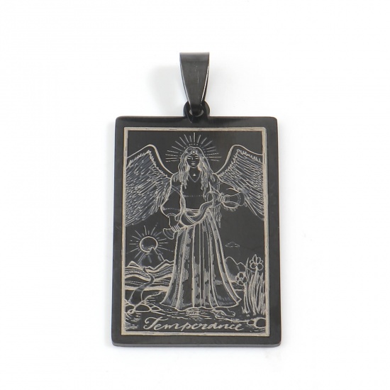 Picture of 201 Stainless Steel Tarot Pendants Rectangle Gunmetal Message " TEMPERANCE " 48mm x 24mm, 1 Piece