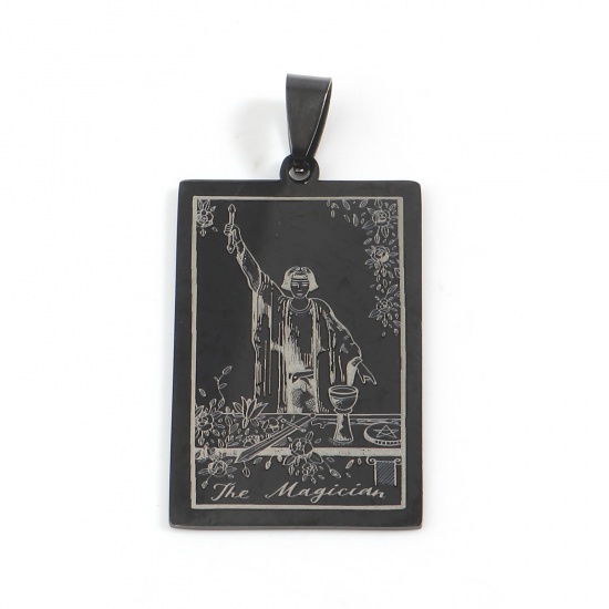Picture of 201 Stainless Steel Tarot Pendants Rectangle Gunmetal Message " THE MAGICIAN " 48mm x 24mm, 1 Piece
