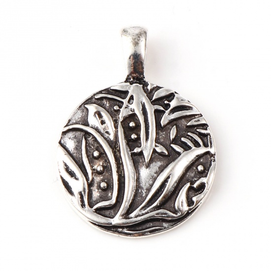 Picture of Zinc Based Alloy Charms Round Antique Silver Color Flower Leaves 26mm x 19mm, 10 PCs