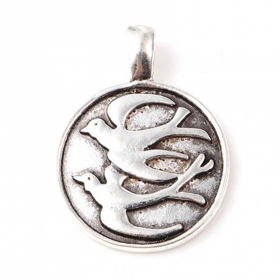 Picture of Zinc Based Alloy Charms Round Antique Silver Color Bird 27mm x 20mm, 10 PCs