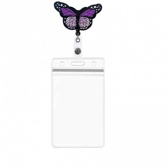 Picture of Purple - 4# Fabric Embroidered Butterfly Retractable Badge Reel Clip With PVC ID Card Holders 20x7.5cm, 1 Piece