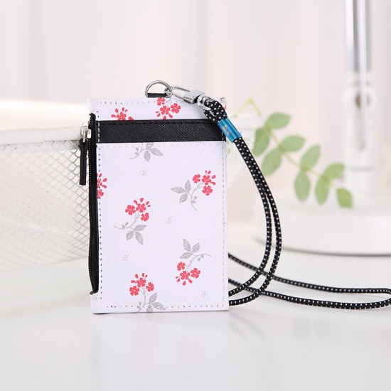 Picture of White - 1# PU Leather Flower Printed ID Card Holders With Lanyard 11.5x7.5cm, 1 Piece