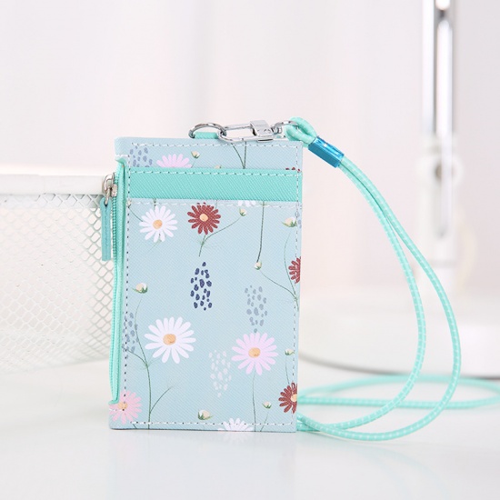 Picture of Green Blue - 2# PU Leather Flower Printed ID Card Holders With Lanyard 11.5x7.5cm, 1 Piece