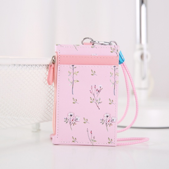 Picture of Pink - 3# PU Leather Flower Printed ID Card Holders With Lanyard 11.5x7.5cm, 1 Piece