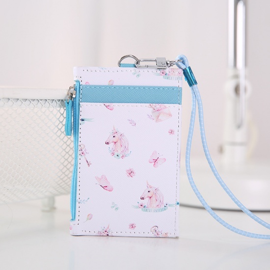 Picture of White - 4# PU Leather Flower Printed ID Card Holders With Lanyard 11.5x7.5cm, 1 Piece