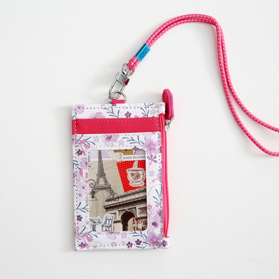 Picture of Purple - 7# PU Leather Flower Printed ID Card Holders With Lanyard 11.5x7.5cm, 1 Piece