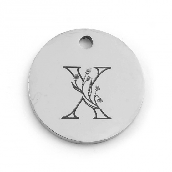 Picture of Stainless Steel Charms Round Silver Tone Flower Message " X " 15mm Dia., 1 Piece