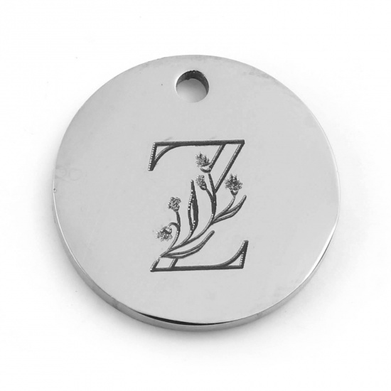 Picture of Stainless Steel Charms Round Silver Tone Flower Message " Z " 15mm Dia., 1 Piece